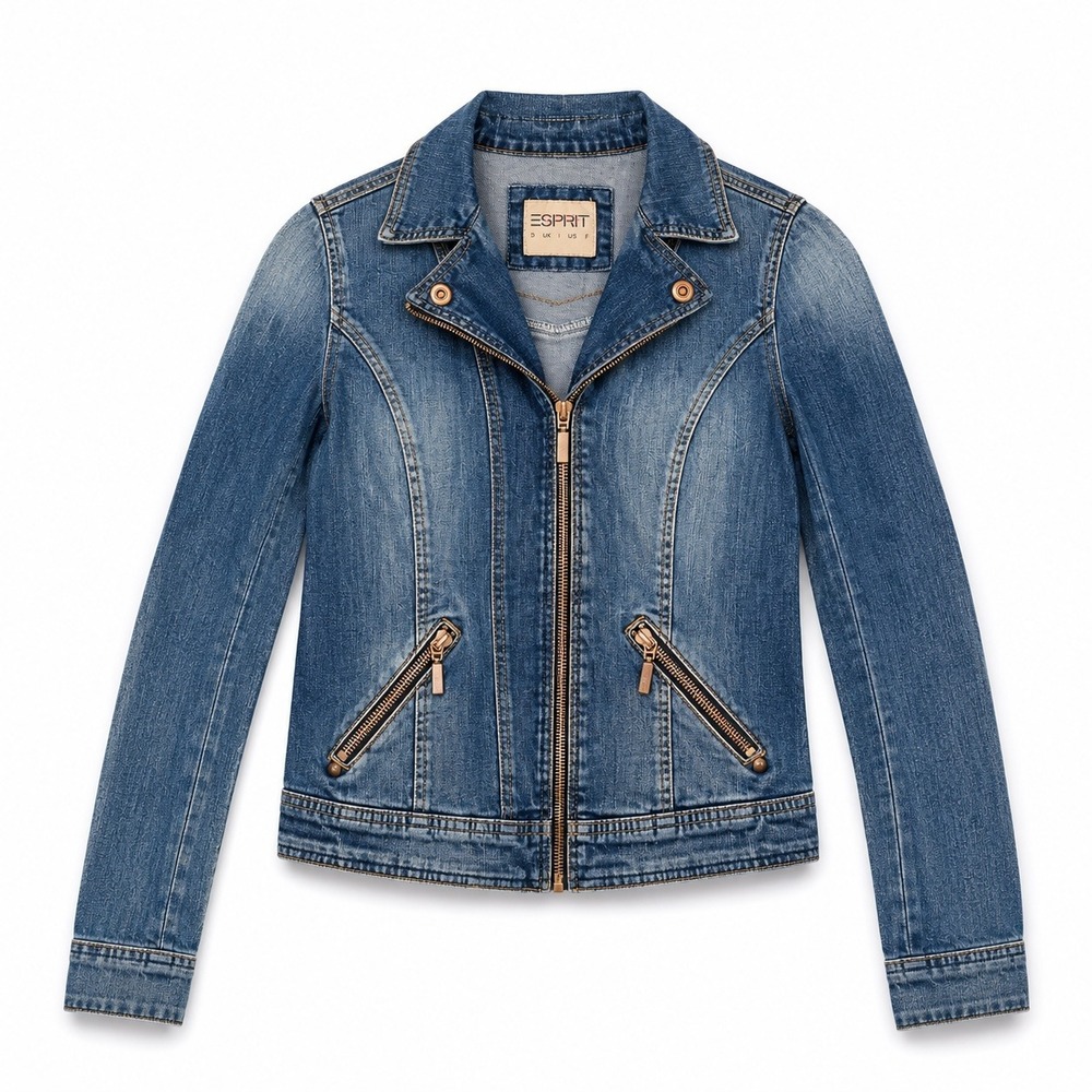 VINTAGE Esprit Denim Moto Jacket Women's Small Blue Zip Front Stretch Cotton